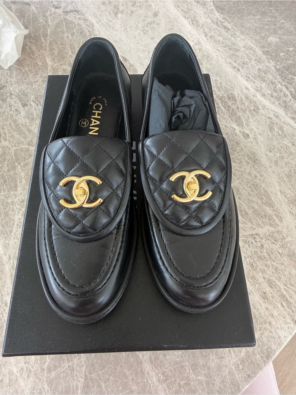 CHANEL Black Quilted Leather Loafers with Gold CC Emblem Worn Once - Picture 1 of 4